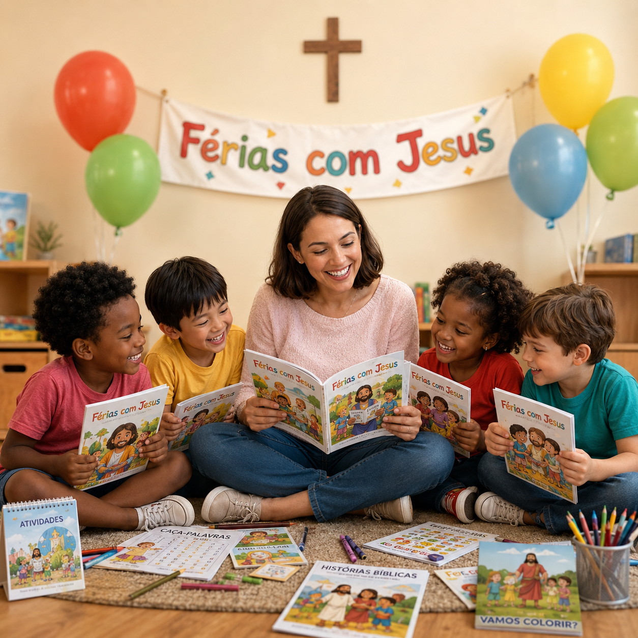 Professora feliz com crianças usando materiais Férias com Jesus